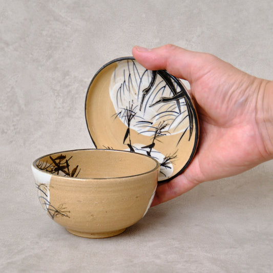 銹絵染付蓋付碗 葦鶴紋 ・酸化焼成(清水焼・乾山写) | 宮本 博