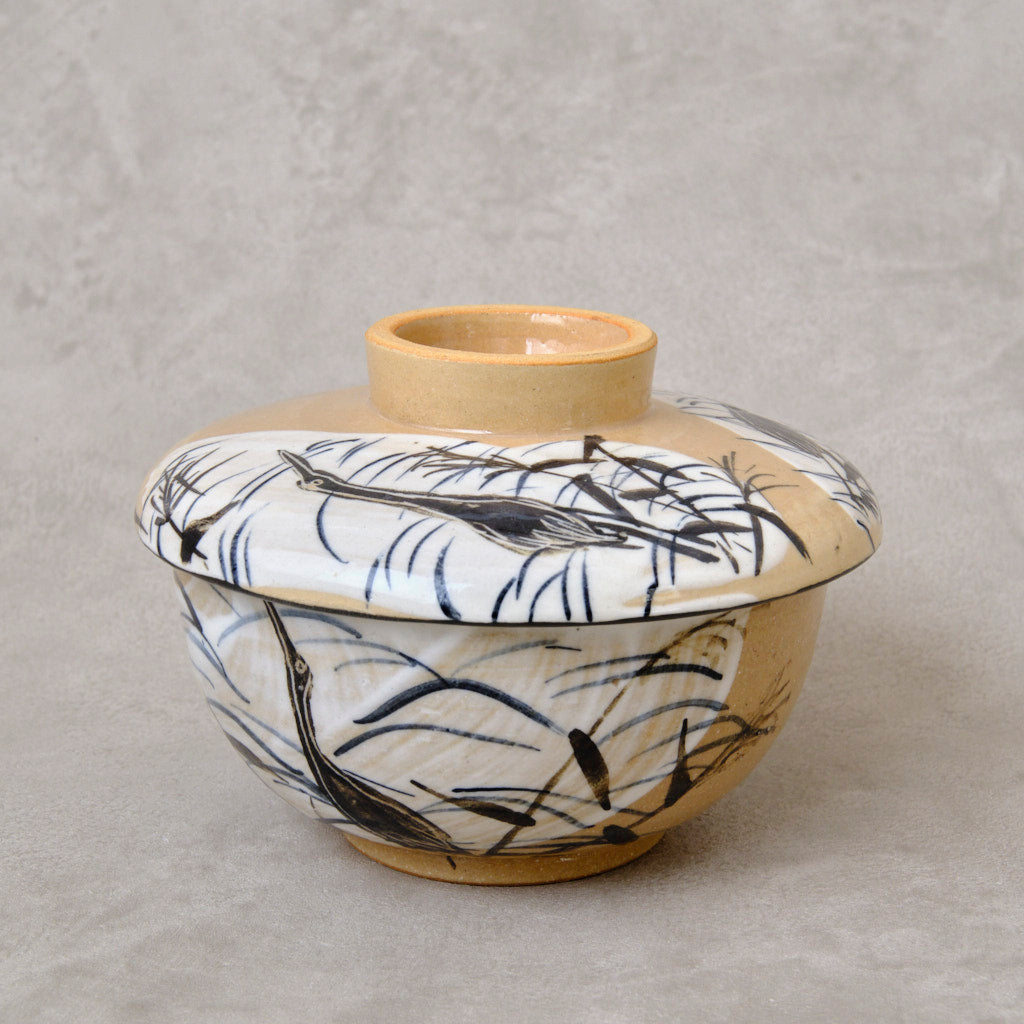 銹絵染付蓋付碗 葦鶴紋 ・酸化焼成（清水焼・乾山写） | 宮本 博