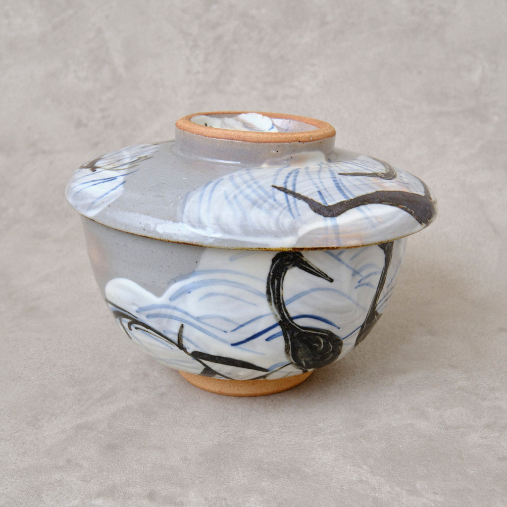 銹絵染付蓋付碗 葦鶴紋 ・還元焼成（清水焼・乾山写） | 宮本 博