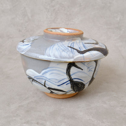 銹絵染付蓋付碗 葦鶴紋 ・還元焼成（清水焼・乾山写） | 宮本 博