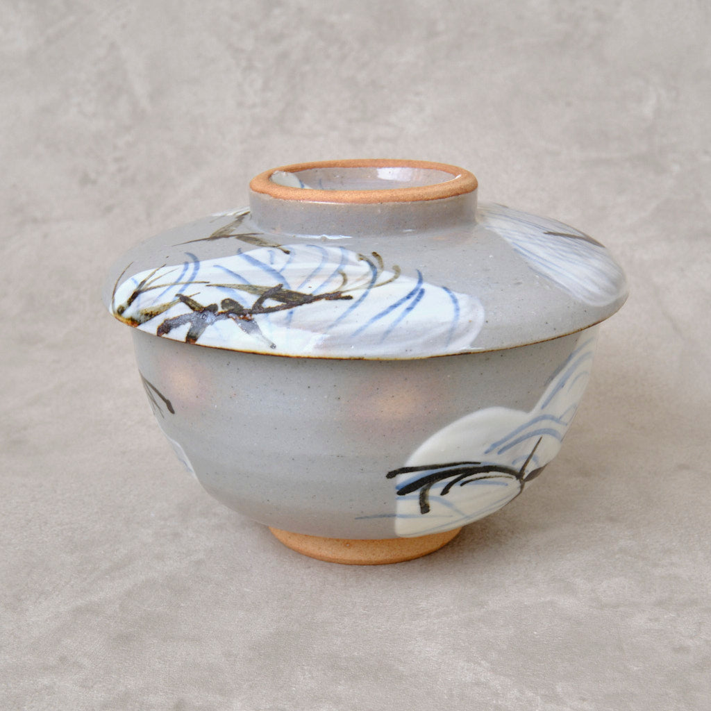 銹絵染付蓋付碗 葦鶴紋 ・還元焼成（清水焼・乾山写） | 宮本 博